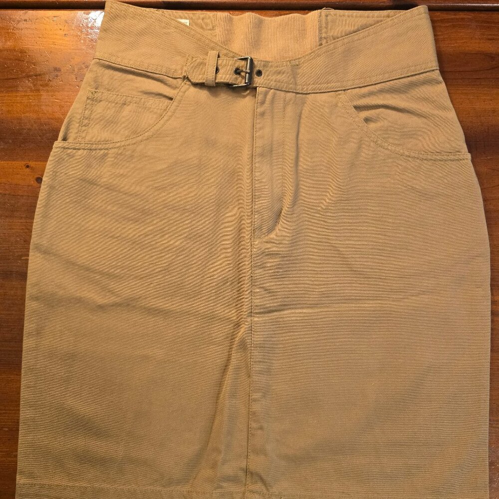 Skirt Mixed Blues Tan Denim Front Buckle Zip Pockets A-line Cotton size 9 1990s - Picture 1 of 11